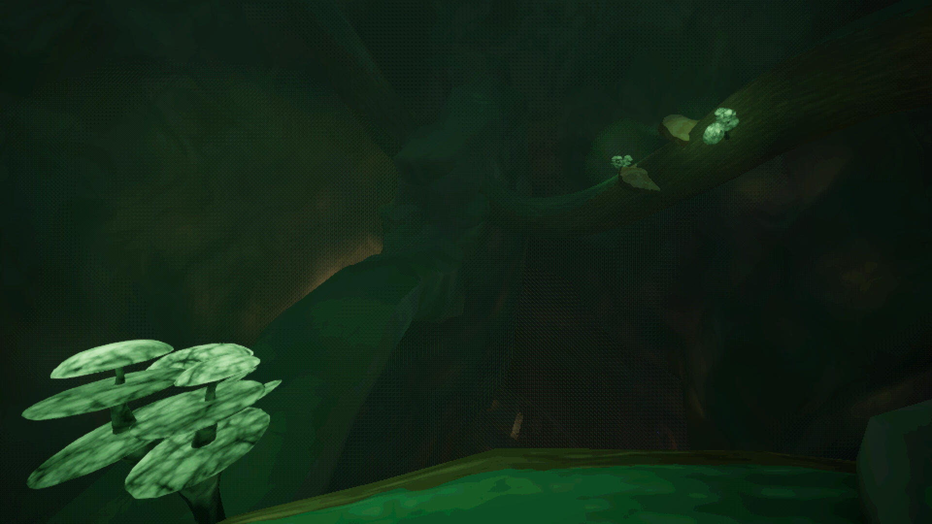 Baked mushroom lights bleeding into the fog.